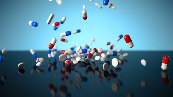 Medicine Pills Falling on Blue Glossy Background - 22364304 Videohive Download