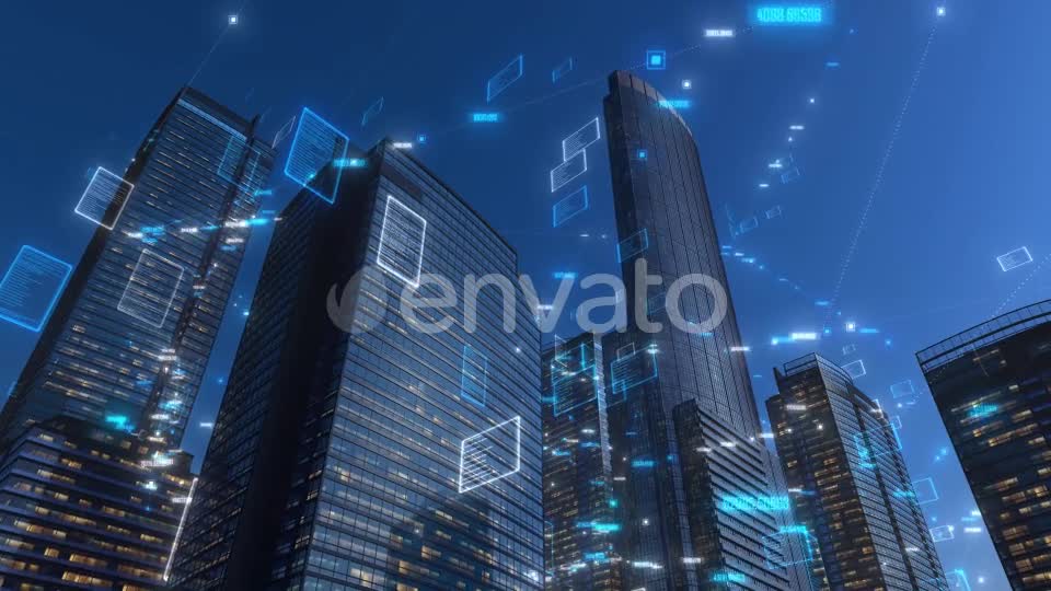 Modern City Buildings With High Tech Data Elements (Day Version) 4K Videohive 25642618 Motion Graphics Image 1