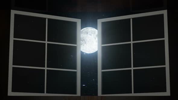 Night Sky and Moon Seen Through Opened Windows - 23271171 Videohive Download