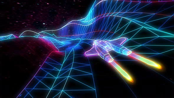 Retro Neon Spaceship Flying Through The Mountains - 22568894 Videohive Download