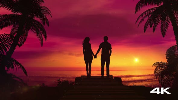 Romantic Couple Watching The Red Sunset In The Ocean - Videohive Download 20523658