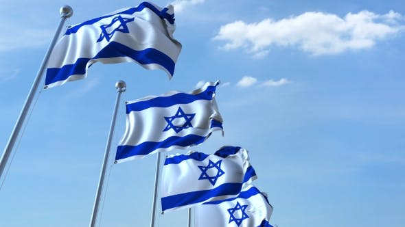 Row of Waving Flags of Israel Agaist Blue Sky - 20621236 Videohive Download