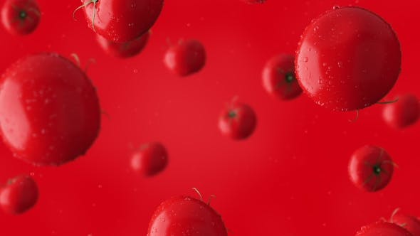Super Clip Of Falling Red Tomatoes And Water Drops Against Red Background - Videohive Download 17276195