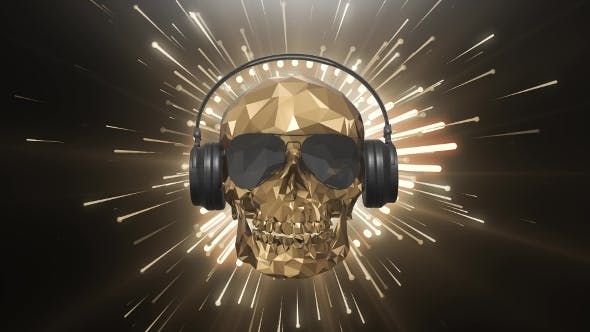 The Golden Low Poly Skull of the DJ on the Background of the Equalizer - Download 21513768 Videohive